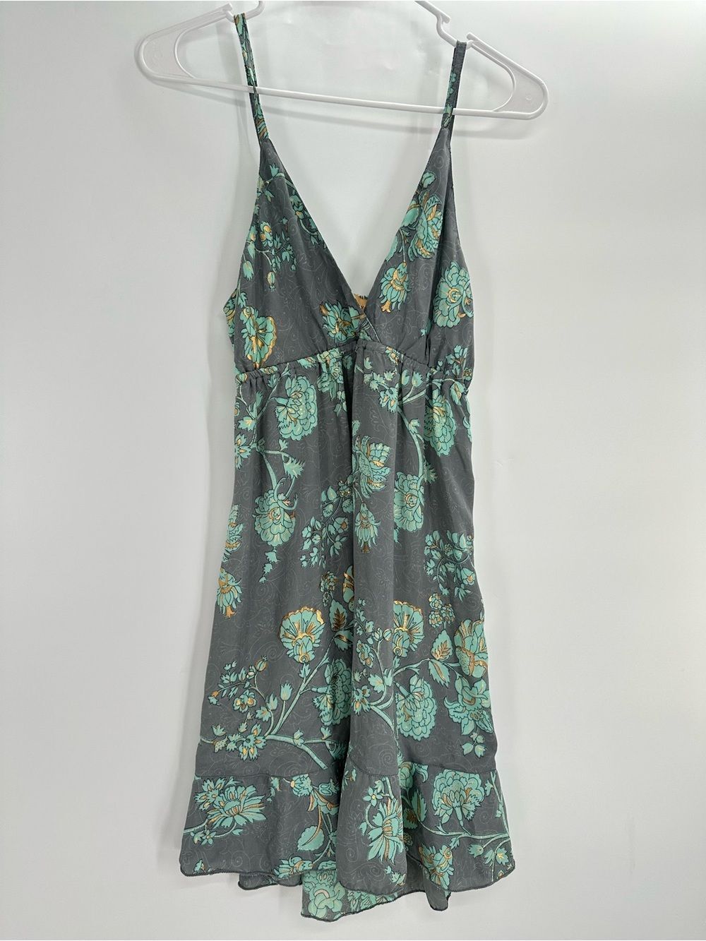 Mandalay Gray Aqua Floral Metallic Gold Babydoll Slip Mini Dress Boho Y2K S/M